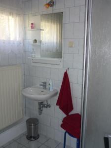 uma casa de banho com um lavatório e uma toalha vermelha em Ferienhaus Bad Hundertpfund Typ A em Großbreitenbach