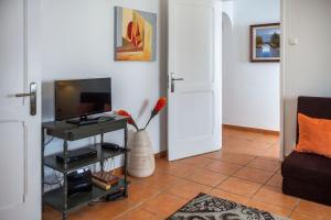een woonkamer met een televisie en een vaas met bloemen bij My home | Azores in Ponta Delgada