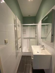 a white bathroom with a shower and a sink at Apartement City Centre with roof terrace and parking with additional costs in The Hague