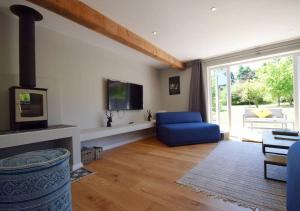 een woonkamer met een blauwe bank en een open haard bij The Cottages at Crouchers Orchards in Chichester