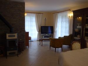 een slaapkamer met een woonkamer met een bed en een televisie bij Azuré Chambres d'hôtes in Orgeval