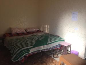 a bedroom with a bed with a green and white comforter at Bedouin family house in Wadi Musa