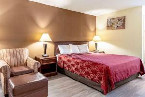 a hotel room with a bed and a chair at Econo Lodge Acworth East in Acworth +15 photos