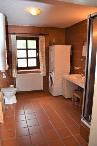 a bathroom with a refrigerator and a toilet and a sink at Ferienhaus Marschollek in Bischofsmais