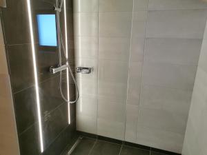 een douche met een glazen deur in de badkamer bij s' Riedlhof Zuhäusl in Oberau