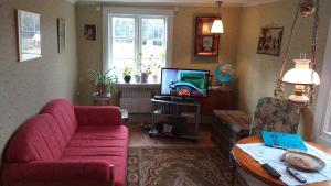 salon z czerwoną kanapą i telewizorem w obiekcie Wallas i Hylte 4, SÄVSJÖ LAMMHULT w mieście Lammhult