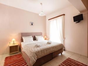 a bedroom with a bed with a television and a window at Houmis Apts & Studios in Agios Georgios Pagon