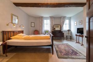 een slaapkamer met een bed, een bureau en een spiegel bij Hotel Kavaliershaus/Schloss Bad Zwesten in Bad Zwesten