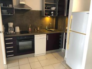 a kitchen with a white refrigerator and a sink at Studio Moderne, Centre Ville Marigot in Marigot