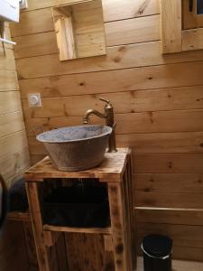 a bathroom with a sink on a wooden wall at La cabane des Pachous in Tourves