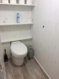 La salle de bains blanche est pourvue de toilettes et d'étagères. dans l'établissement Chez madame loic, à Fère-Champenoise