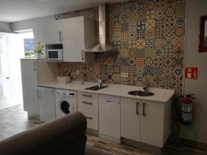 a kitchen with a sink and a washing machine at Apartamentos Santa Justa in Ubiarco