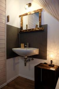 a bathroom with a sink and a mirror on the wall at Ferienhaus Steffi in Kirchheim +44 photos