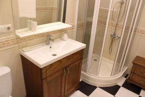 a bathroom with a sink and a shower at Центр Печерск метро Зверинецкая, Печерская in Kyiv +17 photos