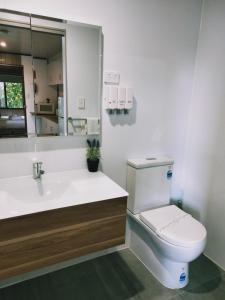 La salle de bains est pourvue de toilettes, d'un lavabo et d'un miroir. dans l'établissement Oval Motel - Murray Bridge, à Murray Bridge