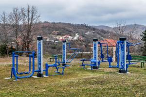 a group of blue playground equipment in a field at Titagion Hotel in Plastiras