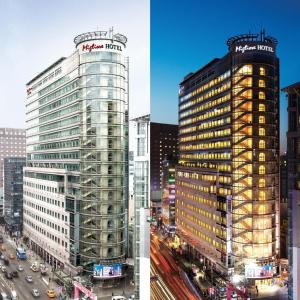 two photographs of a tall building in a city at Migliore Hotel Seoul Myeongdong in Seoul