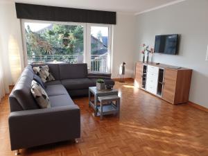 sala de estar con sofá y TV en Ferienwohnung Eulenturm, en Xanten