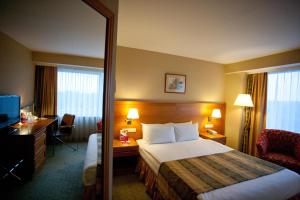 a hotel room with a bed and a desk and a mirror at VILNIUS PARK PLAZA HOTEL, Restaurant & Terrace, Panorama Bar, Conference & Banquet Center in Vilnius