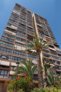 un edificio alto con palmeras delante en Gemelos Beninter All Inclusive, en Benidorm