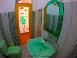 a bathroom with a green sink and a mirror at Little Home stay Dambulla in Dambulla