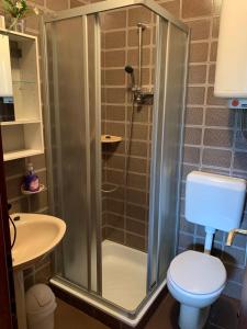 a bathroom with a shower with a toilet and a sink at Apartments Kristina in Klenovica