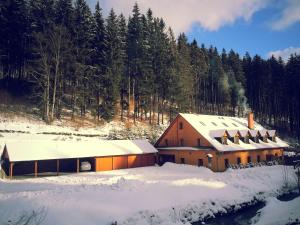 un granero cubierto de nieve junto a un bosque en Penzion ANTONIE, en Malá Morávka
