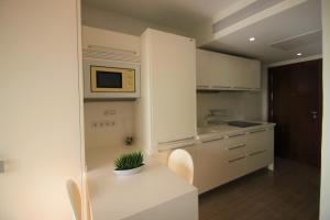 una pequeña cocina blanca con una planta en un mostrador en Estudio de Lujo CasaTuris en el Corazón de Alicante A114, en Alicante