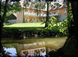 Landgasthof-Hotel Hammermühle في دوناوستاف: بيت كبير وامامه بركه