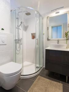 a bathroom with a shower and a toilet and a sink at Bella Vista Premium Apartment in Poreč
