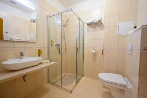a bathroom with a shower and a toilet and a sink at Hotel Julianin dvor in Habovka