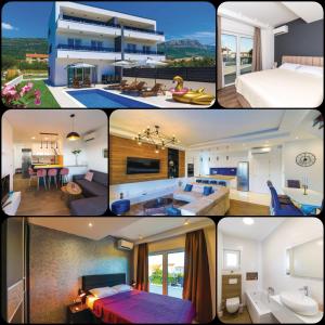 un collage de quatre photos d'une chambre d'hôtel dans l'établissement NEW VILLA DAVID, WI-FI, IPTV, 5 bedrooms, 4 bathrooms, à Kaštela