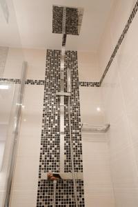 a bathroom with a black and white tile shower at Little H&ocirc;tel in Paris