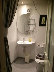 een badkamer met een wastafel, een toilet en een spiegel bij Lowther House in Pickering