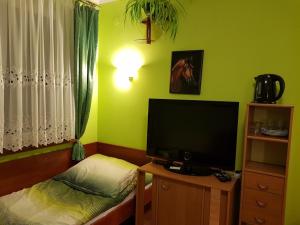 a bedroom with a television and a bed with a desk at Gospodarstwo Agroturystyczne Anielin in Okonek