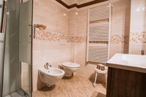 a bathroom with a toilet and a sink and a shower at Hotel Sporting in Val di Zoldo