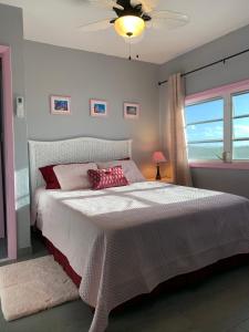 sypialnia z dużym białym łóżkiem i oknem w obiekcie Turtles Nest Bahamas w mieście Hermitage