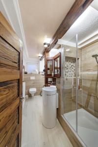 y baño con ducha, aseo y lavamanos. en Appartamenti Quattro Ducati, en Göppingen