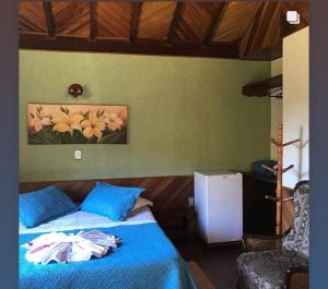 Un dormitorio con una cama azul con una pintura en la pared en Chalés Aguá Cristalina, en Visconde De Maua