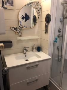 bagno con lavandino, specchio e doccia di ardoises et agapanthes a Pleslin-Trigavou