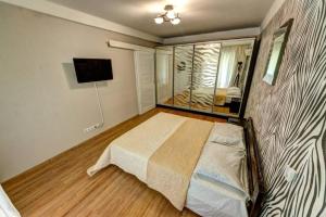 a bedroom with a bed and a television in it at Excellent apartment Druzhby Narodov boulevard 3a. Lybedskaya metro station in Kyiv