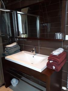 ein Badezimmer mit einem weißen Waschbecken und einem Spiegel in der Unterkunft Château de Saint-Samson in Plougasnou