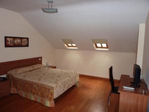 1 dormitorio con 1 cama y escritorio con TV en Hostal La Morada, en La Cistérniga