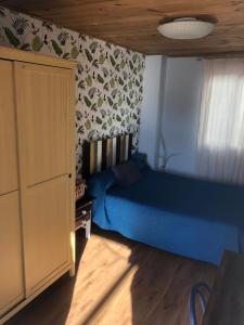 1 dormitorio con cama azul y armario en Habitación en Calle Molino, en Málaga
