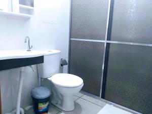 a bathroom with a shower and a toilet and a sink at Hotel Edinik in Cafelândia