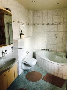 a bathroom with a tub and a toilet and a sink at Großes Ferienzimmer Uckermark in Casekow +25 photos