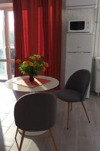 uma cozinha com duas cadeiras e uma mesa com um vaso de flores em Rusalika em Rivne