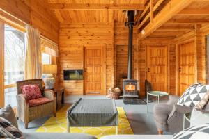 a living room with a fireplace in a log cabin at Rock Lodge in Kenmare
