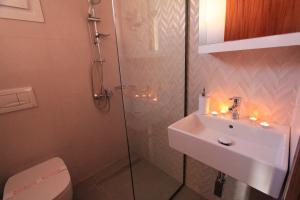a bathroom with a shower and a sink and a toilet at Romanza Studios in Vasiliki