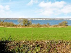 un campo de hierba verde junto a un cuerpo de agua en 6 person holiday home in Svendborg en Svendborg